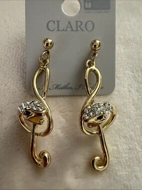 Claro Gold Treble Clef Drop Earrings with Clear Crystals